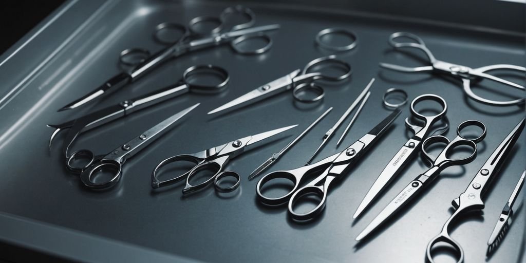 Various specialized surgical scissors on a sterile tray.