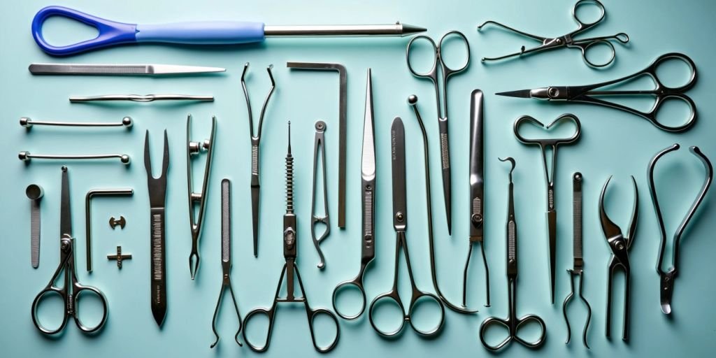 Surgical instruments including scalpels, scissors, and forceps.